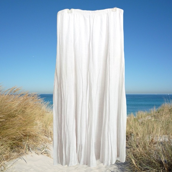 White Lined Elastic Waist Polyester-Rayon Crinkle Maxi Skirt Size Large - Picture 2 of 9